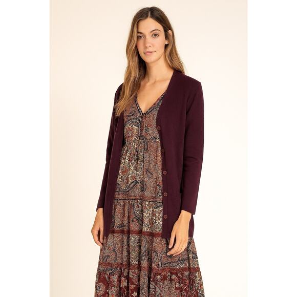 Merino Wool Cardigan Sweater Atlantique Button Down V-Neck Plum Purple Medium - Picture 1 of 8